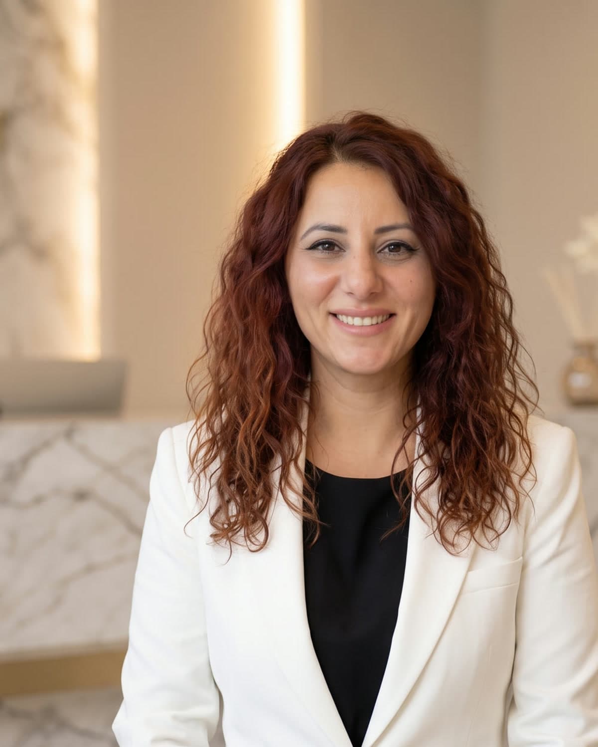 The founder of AySecrets, smiling, in a white blazer.